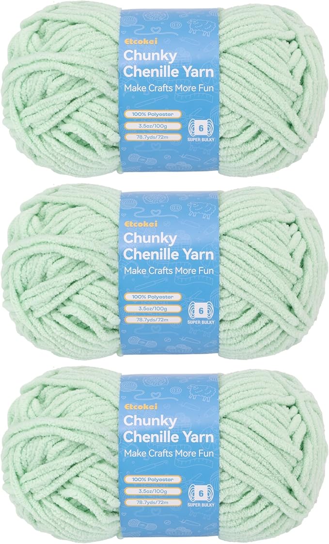 Chenille Yarn #6, Super Bulky Blanket Yarn for Crocheting & Knitting, Extra Soft Chunky Thick Yarn, Easy to Crochet, Perfect for Amigurumi, Baby Blankets, DIY Home Decor, 3Skeins(300g/10.5oz), Mint