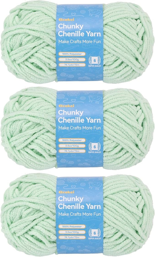 Chenille Yarn #6, Super Bulky Blanket Yarn for Crocheting & Knitting, Extra Soft Chunky Thick Yarn, Easy to Crochet, Perfect for Amigurumi, Baby Blankets, DIY Home Decor, 3Skeins(300g/10.5oz), Mint