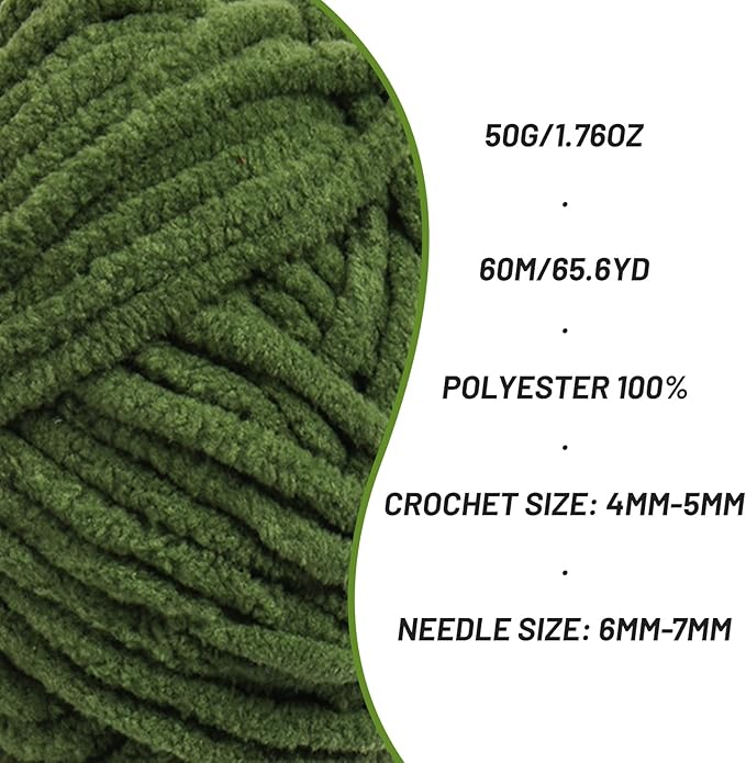 Plush Chenille Chunky Crochet Yarn - Baby Yarn for Crocheting Soft - Velvet Yarns Knitting for Blankets Crafts - Fluffy Amigurumi Yarns 50g / 65.6yd (Pine Green)
