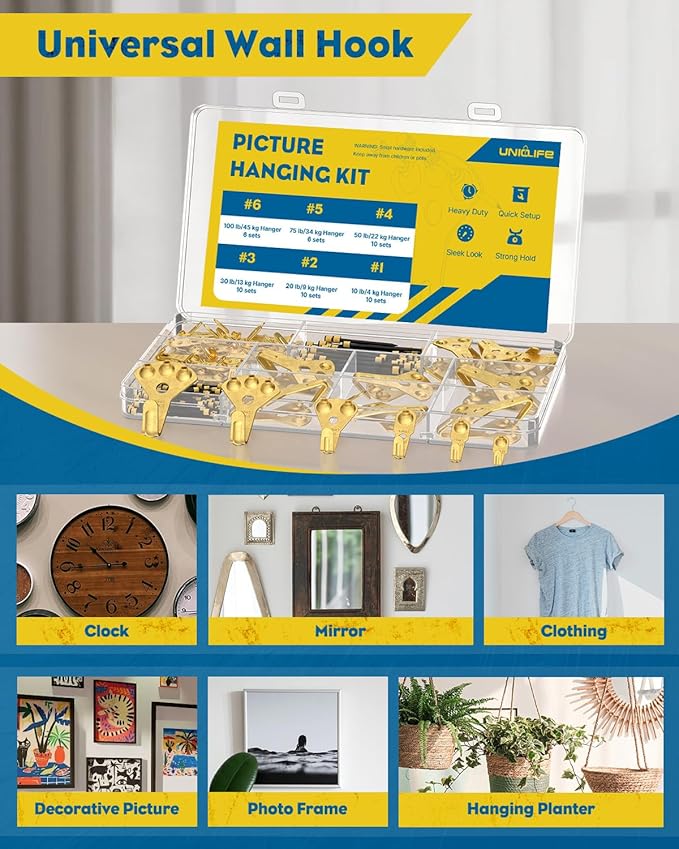 Uniclife 152 Pcs Picture Hanging Kit, 10 lb, 20 lb, 30 lb, 50 lb, 75 lb, 100 lb Heavy Duty Picture Hangers for Drywall & Wood, Picture Hanging Hooks, Frame Hooks for Hanging Photos Mirrors Paintings