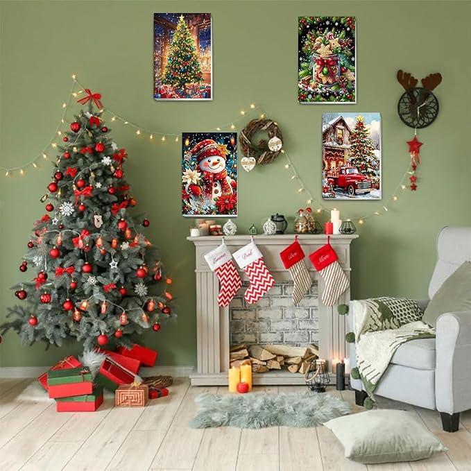 Christmas Paint by Numbers for Adults with Framed Canvas - with Wooden Easel, 4 Pack Paint by Number for Beginners, Xmas Acrylic Oil Painting on Canvas with Brushes for Home Wall Decor (8x12 inch)