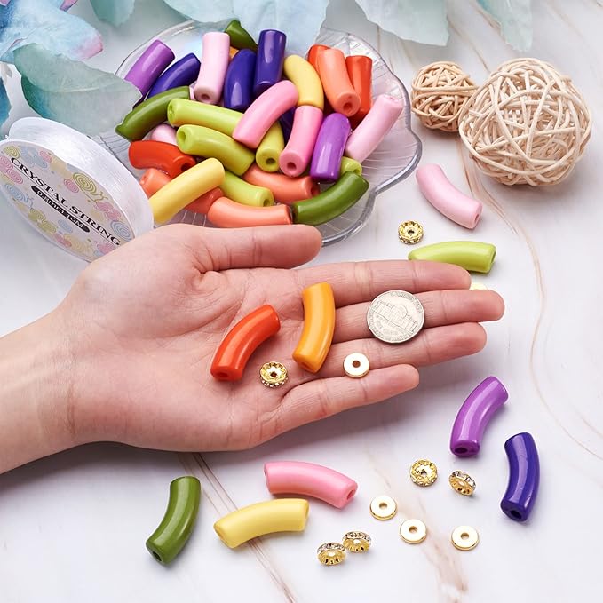 60Pcs Acrylic Chunky Tube Beads with Rondelle Brass Rhinestone Spacer Beads & Elastic Crystal Thread, 10 Colors Opaque Curved Tube Beads for Bamboo Bangles Bracelet Jewelry Making