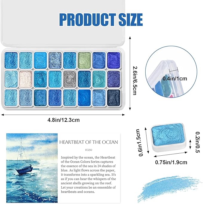 Mini Glitter Watercolor Paint Set with Paper, 24 Colors Shimmer Metallic Watercolour Painting Sets, Solid Pearl Water Color Paints for Adult, Blue 1ml (Heartbeat of the Ocean)