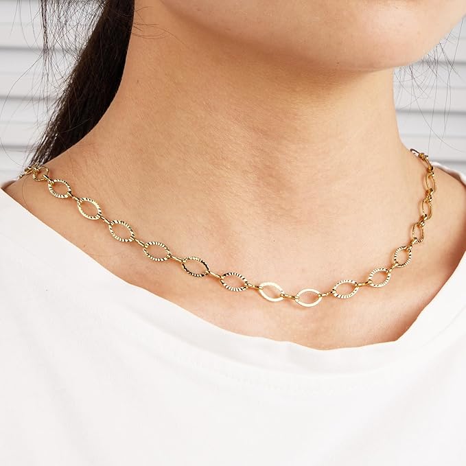 Kyutong 5 Meters Embossed Necklace Chains for Jewelry Making Gold Plated Stainless Steel Chain Roll on Spool Oval Links Jewelry Findings for Handcraft DIY