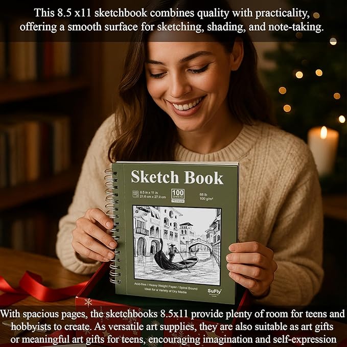 sketch book 8.5"x11", spiral sketchbook pack of 2, sufly 200 sheets (68 lb/100gsm) acid free sketch pads for drawing for adults spiral bound with hard cover for kids & adults, 100 sheets each