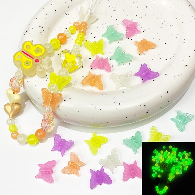 888Pcs Glow in The Dark Beads Star Beards Butterfly Beads Heart Beads UV Beads Color Changing Sun Sensitive Luminous Beads Plastic Beads Fun Cute Solar Beads Bulk for Bracelet Necklace Jewelry Making