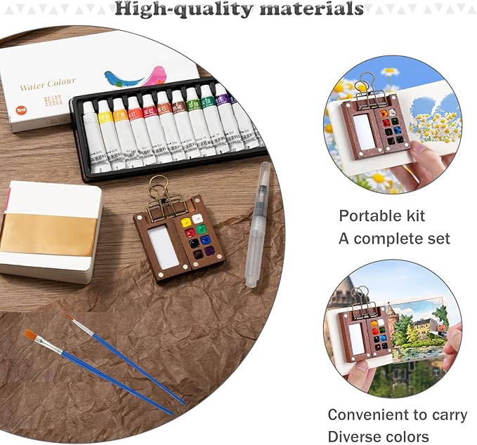 EVOCKAY Portable Watercolor Travel Set - Mini Artist Paint Palette with Clip, 12 Vibrant Colors in 8 Grids, Perfect for Artists, Painters & Students - Wooden Travel Kit
