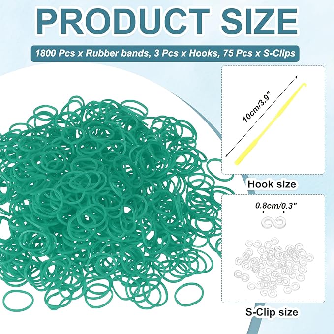 MECCANIXITY 1800 Pcs Loom Rubber Bands Kit with 75 Pcs S-Clips 3-Hooks Rubber Bands Refill Bracelet Making Kits for Weaving DIY Handcrafts Gift, Dark Green