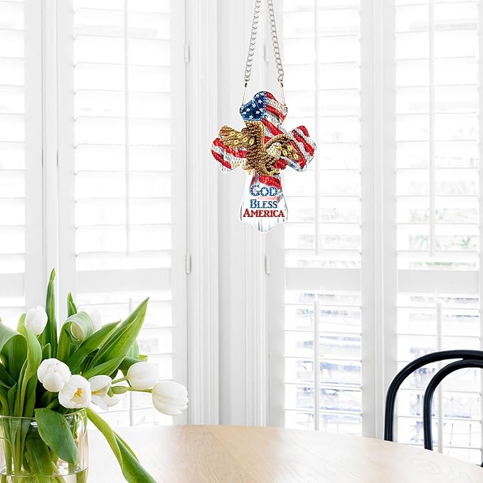 God Bless America Diamond Painting Hanging Ornament - Patriotic Cross with Eagle & American Flag - DIY 5D Diamond Art Kit with Chain - Independence Day Home Decor - Handmade Beaded Sun Catcher Gift