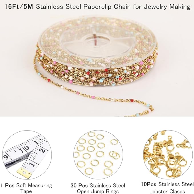 Gold Plated Stainless Steel Enamel Cable Chain for Jewelry Making, Oil Drip Rainbow Beaded Links Chains for DIY Necklace Bracelet Craft Jewelry Making Supplies with Lobster Clasps Soft Tape Measure