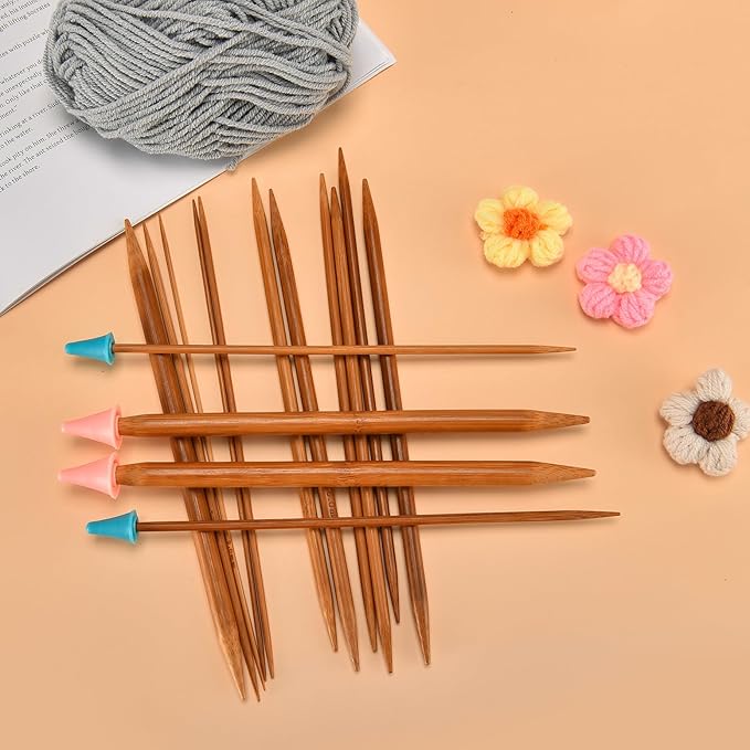 Double Pointed Knitting Needles Set,75 Pcs Wooden Bamboo Knitting Needles Kit,15 Sizes from 2.0mm-10.0mm,with Small Tools,Straight Wood Needles for Beginners,Making Sweater,Scarf,Sock,Weave