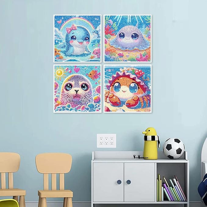 cdjlddww 4 Packs 5D Cartoon Diamond Art Kits for Adults, Cute Sea Animals Art Kit for Adults, DIY Full Round Drill Gem Art for Home Wall Decor Present 6X6 inch(Without Frame)