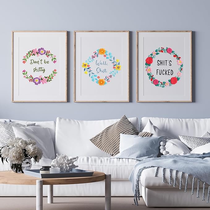 Louise Maelys 3 Sets Funny Embroidery Kits for Beginners,Cross Stitch Kit for Adults,DIY Starters Needlepoint with Flower Wreath Pattern,Including Instruction and Threads