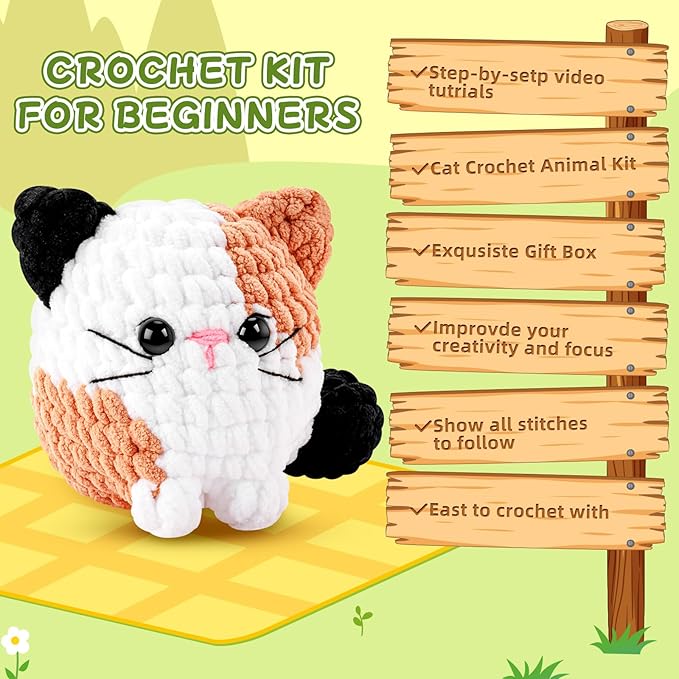 Cat Crochet Kit for Beginners-Calico Cat Crochet Kits for Adults Kids, Crochet Starter Kit with Step-by-Step Video Tutorials,Crochet Animal Kits Learn to Crochet Kits for Adults Kids
