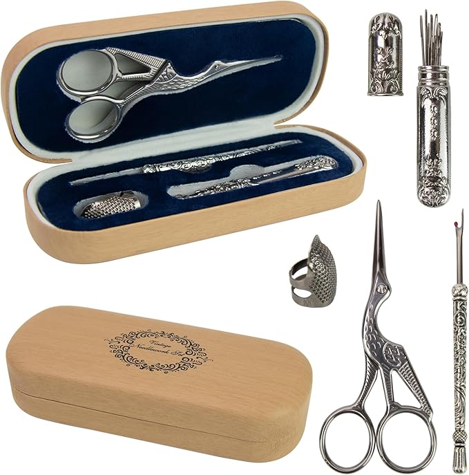 Vintage Embroidery Scissors Kit, Fancy Needlework Set with Crane Stork Shear, Antique Seam Ripper, European Style Thimbles, Needles for Sewing Knitting Cross Stitch Crochet Yarn Thread Cutting