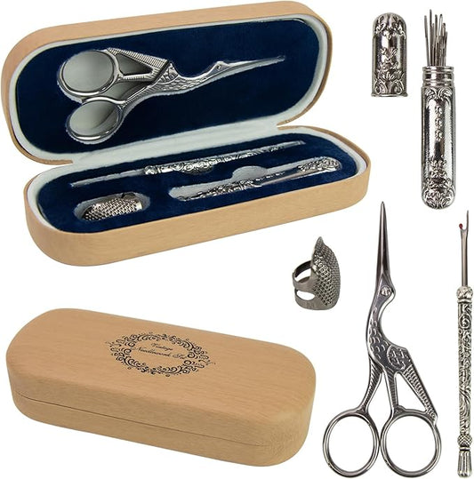 Vintage Embroidery Scissors Kit, Fancy Needlework Set with Crane Stork Shear, Antique Seam Ripper, European Style Thimbles, Needles for Sewing Knitting Cross Stitch Crochet Yarn Thread Cutting