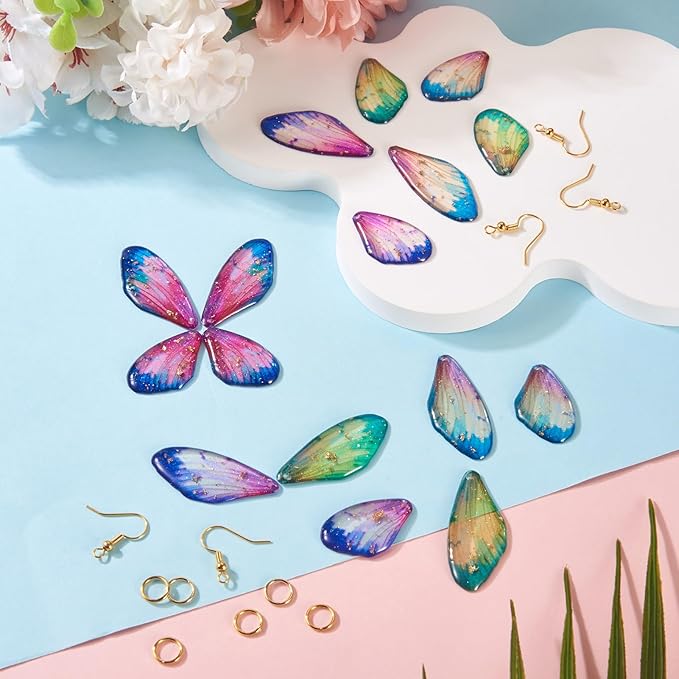 FASHEWELRY 16Pcs Resin Butterfly Wing Charms for Jewelry Making, Glitter Gradient Insects Wing Pendant Earrings Making Kit Golden Earring Hook Jump Rings