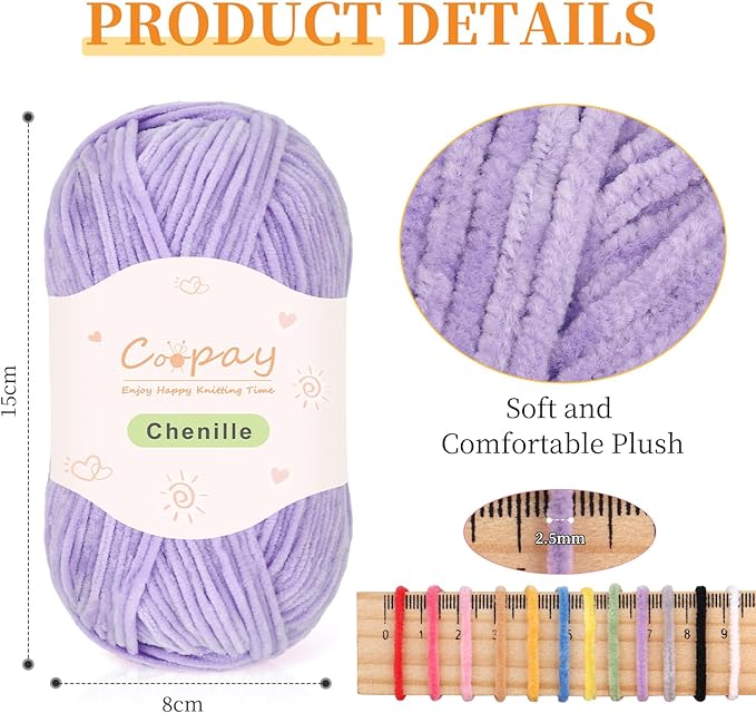 Coopay Skinny Chenille Yarn for Crocheting and Knitting, 12 Pack of 50g/1.76oz - 1764yd Total, Crochet Yarn of Light Weights - Suitable for Baby Blankets, Plush Toys, Garments - Super Soft (Purple)