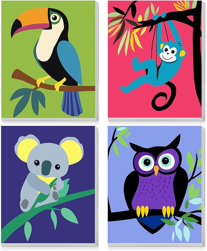 KEYIFA 4 Pack Framed Paint by Numbers Kit for Kids Age 6-12, Easy Animal Paintings for Adult Beginner, Framed Acrylic Canvas Painting for Home Decor Children Gift, 8x10 in (Toucan+Monkey+Koala+Owl)
