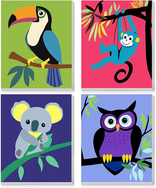 KEYIFA 4 Pack Framed Paint by Numbers Kit for Kids Age 6-12, Easy Animal Paintings for Adult Beginner, Framed Acrylic Canvas Painting for Home Decor Children Gift, 8x10 in (Toucan+Monkey+Koala+Owl)