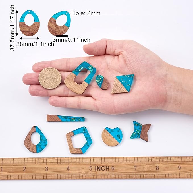 Beadthoven 30pcs/15 Pairs Sea Blue Charms Resin Wood Pendants for Earrings Making Transparent Resin Wood Pendants Natural Wooden Pieces Tag Pendants for Bohemian Jewelry Making Necklace Keychain