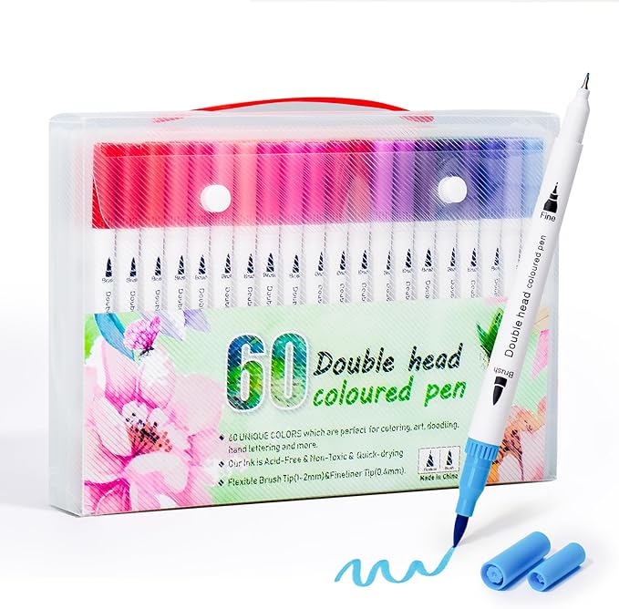 60 Colors Markers for Adult Coloring Books No Bleeding - Dual Tip Water Based Art Coloring Markers Set for Drawing, Painting, Fine Tip and Brush Tip Brush Pens for Artists(White Barrel)