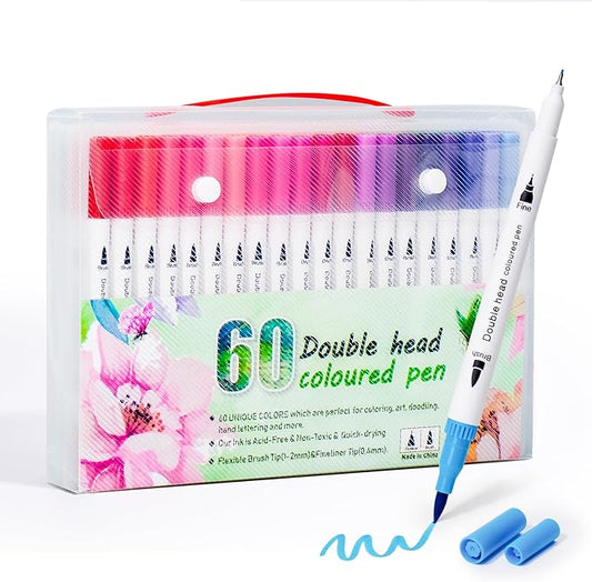 60 Colors Markers for Adult Coloring Books No Bleeding - Dual Tip Water Based Art Coloring Markers Set for Drawing, Painting, Fine Tip and Brush Tip Brush Pens for Artists(White Barrel)