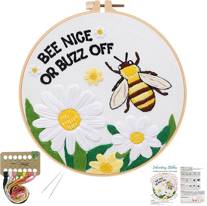 Louise Maelys Embroidery Kits for Beginners,Cross Stitch Kit for Adults,DIY Needlepoint with Bee Daisy Flowers Pattern