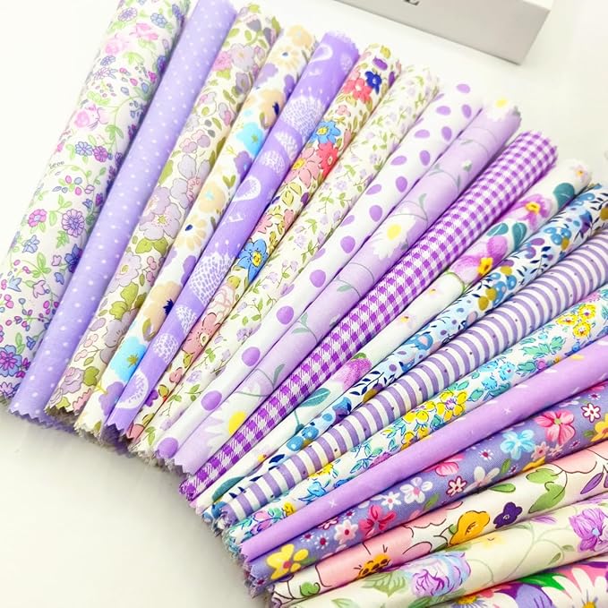 22Pcs 10" Purple Cotton Fabric Squares No Repeat Floral Charm Pack,Precut Quilt Fabric with Wavy Edges,Sewing Craft Swatches