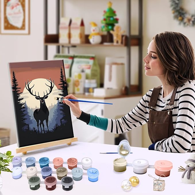 JOOZ Paint by Numbers Kit for Adults Framed Deer Paint by Number with Easel Moon Adult Paint by Number Kits Framed Canvas DIY Forest Oil Painting Kits for Home Wall Decor 8x12 Inch