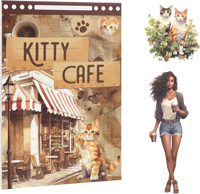 Dizdkizd Coffee and Pet Journaling Stickers for Women, 184 Die Cuts PET and Paper Scrapbook Sticker Kit, Cute Cats and Girl Sticker for Bullet Journals, Planners, Collage