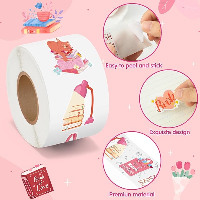 beyumi pink bookish sticker roll - 1000pcs pink bookish stickers in 2 rolls waterproof reading book aesthetic kindle decals gift laptop bottle scrapbook luggage envelope decor for kids girl book lover