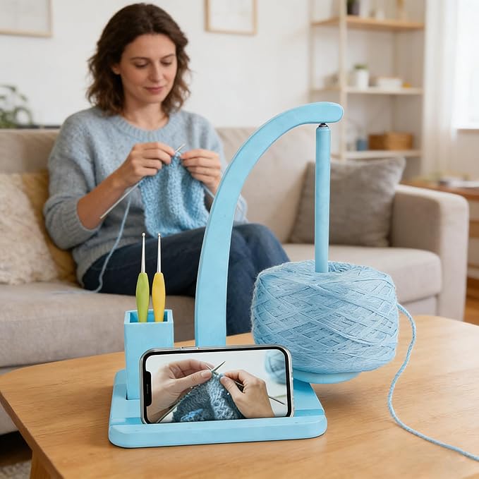 Wooden Yarn Holder for Crocheting and Knitting, Upgraded Blue Magnetic Rotating Yarn Spinner Crochet Accessories Birthday Gifts for Knitting Lovers Women Mom Wife Grandma Mother