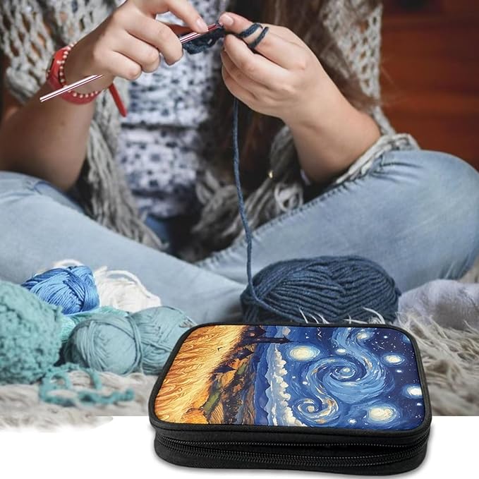 Hechitok Starry NightKnitting Needles Case Empty Zipper Bags Organizer Portable Travel Crochet Hook Storage Bag with Web Pocket for Carrying Various Crochet Needles