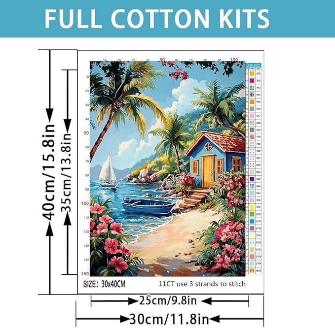 Beach Stamped Cross Stitch Kits for Adults -Flower Embroidery Kits for Beginners Adults,11 CT Patterns Dimensions Counted Cross Stitch Kits for Adults Arts Craft 12x16 inch