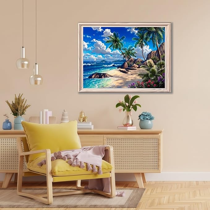 Diamond Art Kits for Adults Beach, DIY 5D Diamond Painting Kit for Beginners, Seaside Full Round Drill Gem Art Dots for Adults, Diamond Dots Paintings Crafts Home Wall Decor 12X16 Inch