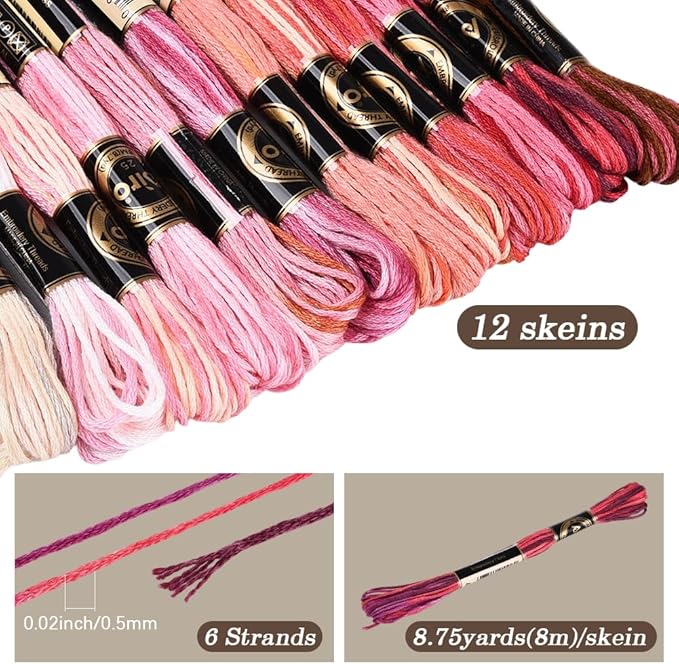 12 Skeins 105 Yards Variegated Cross Stitch Floss Friendship Bracelet String 6 Ply Polyester Colorful Gradient Red Embroidery Thread for Sewing Making Needlecraft Knitting Clothes Stitching