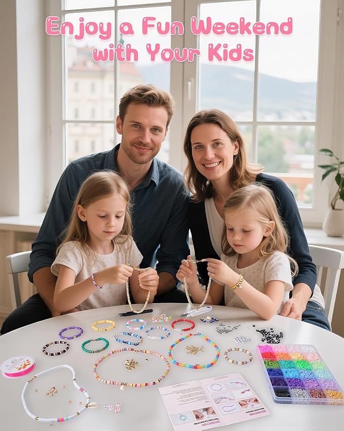 Mio Angle Clay Beads 2 Boxes 24 Colors Bracelet Making Kit, Round Letter Beads with Charm and Elastic Strings, Friendship Bracelets Holiday Gifts for Girls Adults