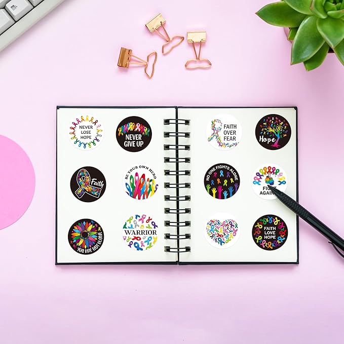 beyumi cancer awareness roll stickers - 1000pcs cancer awareness stickers in 2 rolls waterproof vinyl colorful ribbon round decals laptop bottle notebook luggage gift oncology nurse women decor