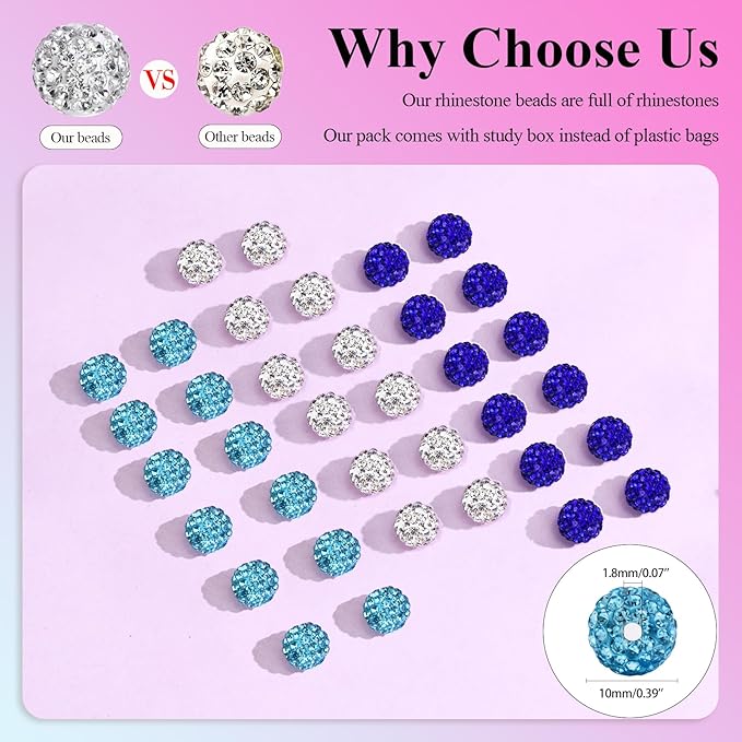 Dowarm 255PCS 10mm Rhinestone Beads for Baseball Rhinestone Necklace Bracelet Jewelry Making, Round Polymer Clay Beads for Crafts Beaded Pen, DIY Shamballa Pave Disco Bead, Turquoise|Blue|White