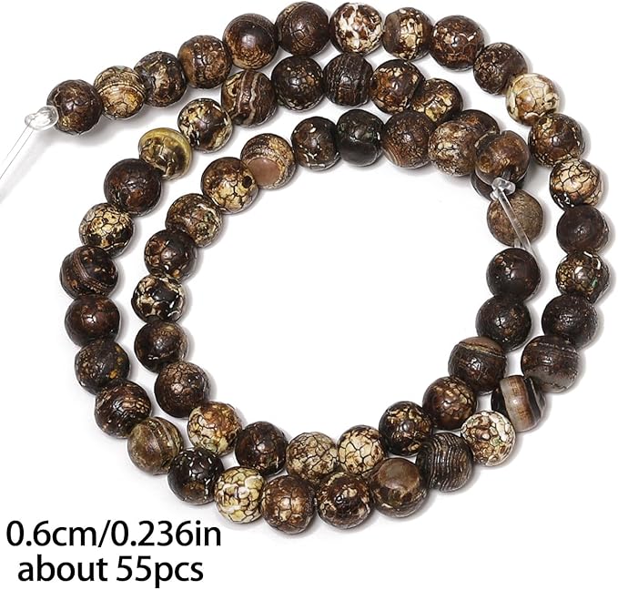 Stone Beads, 60pcs Brown Dragon Vein Agate, 6mm Round Loose Beads for Jewelry Making, Bracelets, with Bag, String & Card