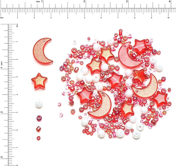 Mixed Star Moon Crystal Glass Beads Seedbeads Loose Round Pearl Beads for Jewelry Making Craft Bracelets Necklaces Earrings DIY Crafts Projects Red Glass Spacer Bead Kits for Crafts