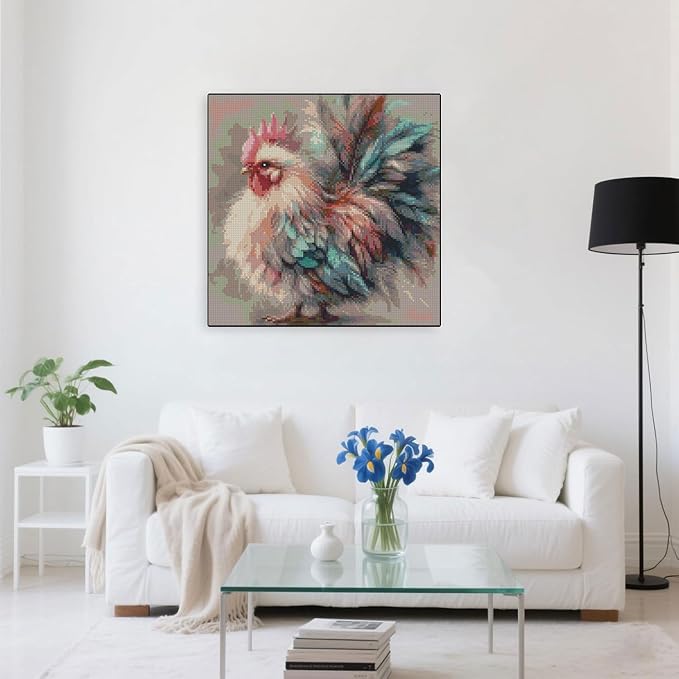 mybisymqq stamping cross stitch kit,chicken counting cross stitch kit for adult beginners, full line diy cross stitch stitching kit for home decor cross stitch patterns 13.7x13.7 inches
