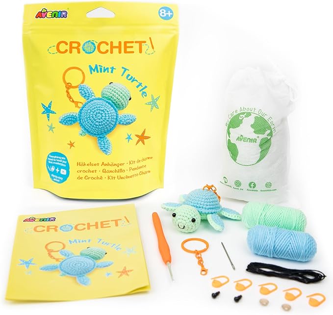 Avenir Beginner Crochet Kit for Adults & Teens - Small Portable Animals Kit with Keychain, Complete Supplies & Video Tutorials, Perfect Arts & Crafts Gift for Women & Girls（Mint Turtle）