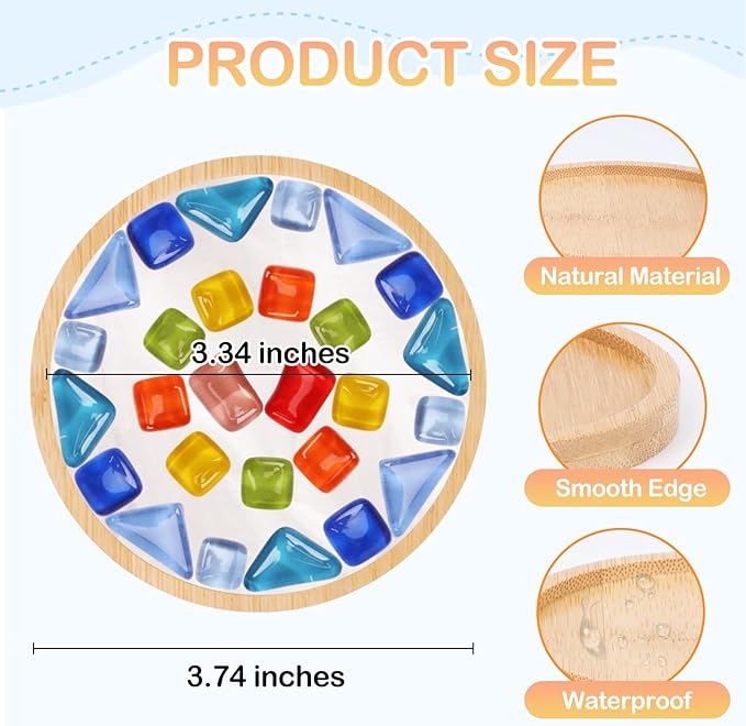 SAYAYA 4 Sets DIY Glass Mosaic Tiles for Crafts Mosaic Crafts Kit with Bamboo Coaster for Adults Glass Coasters Crafts Set for Handmade Home Christmas Halloween Birthday Decoration Gift (Round Set)