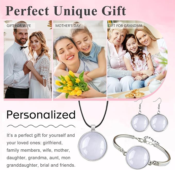 Pendant Trays Set with Cabochon Glass, Round Pendant Bezel Blank Trays, Bracelet Bangles Earrings Hooks Blanks for DIY Photo Cameo Jewelry Crfats Making