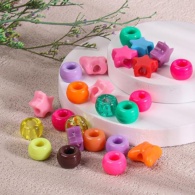 1000PCS Pony Assorted Beads for Bracelets,9mm Acrylic Beads Bulk with Cute Heart Star Butterfly Assorted Shaped for Braid Keychain Charms for Bracelet Necklace Jewelry Making Supplies
