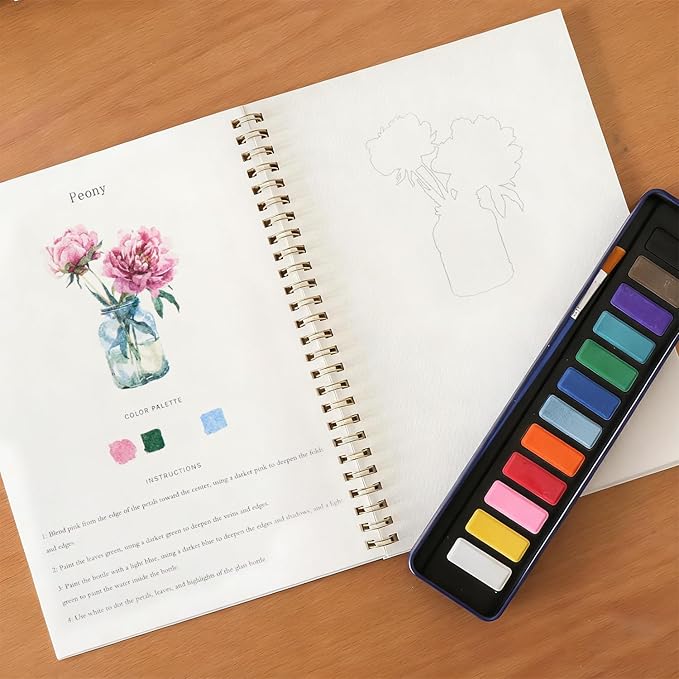 Beginner Watercolor Painting Kit Watercolor Workbook Coloring Book 12 Colors Paint Set with Brush, Easily Master Beginner Friendly Watercolor Paint Set Gift for Adults Teens. (Fruit)
