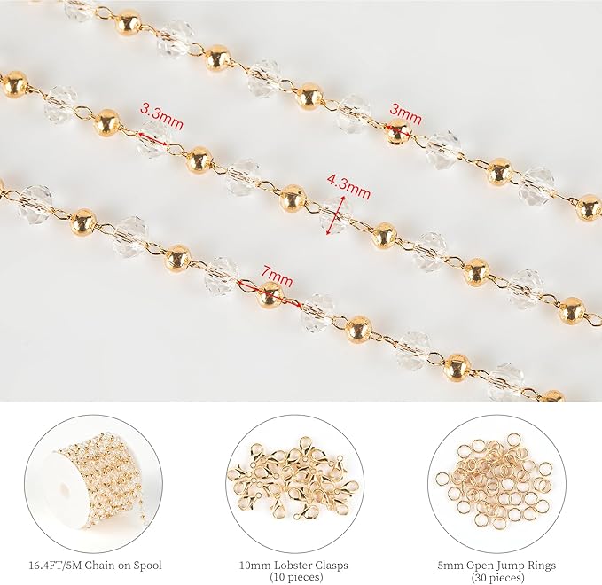 KYUNHOO 16.4 Feet Gold Plated Brass Beaded Jewelry Chain Bulk Clear Glass Crystal Necklace Chain for Women Jewelry Making Supplies Findings