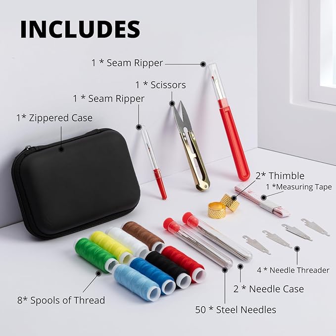 72Pcs Sewing Kit for Adults - Stainless Steel Needles for Hand Sewing,Big Eye Steel Sewing Needles Kit with Thread Ripper, Needle Threaders, Threads and Thimbles